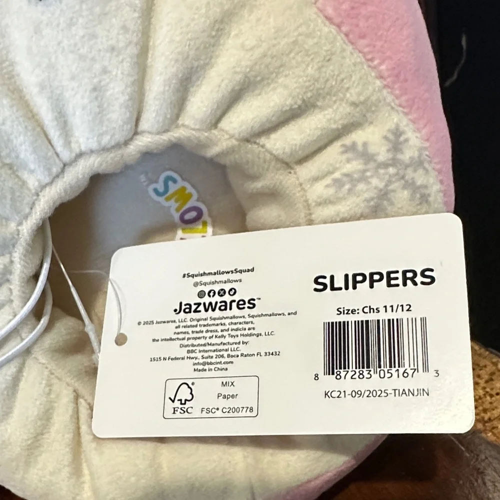 Squishmallows Pink and Cream Deer Slippers NEW Kids 11/12
